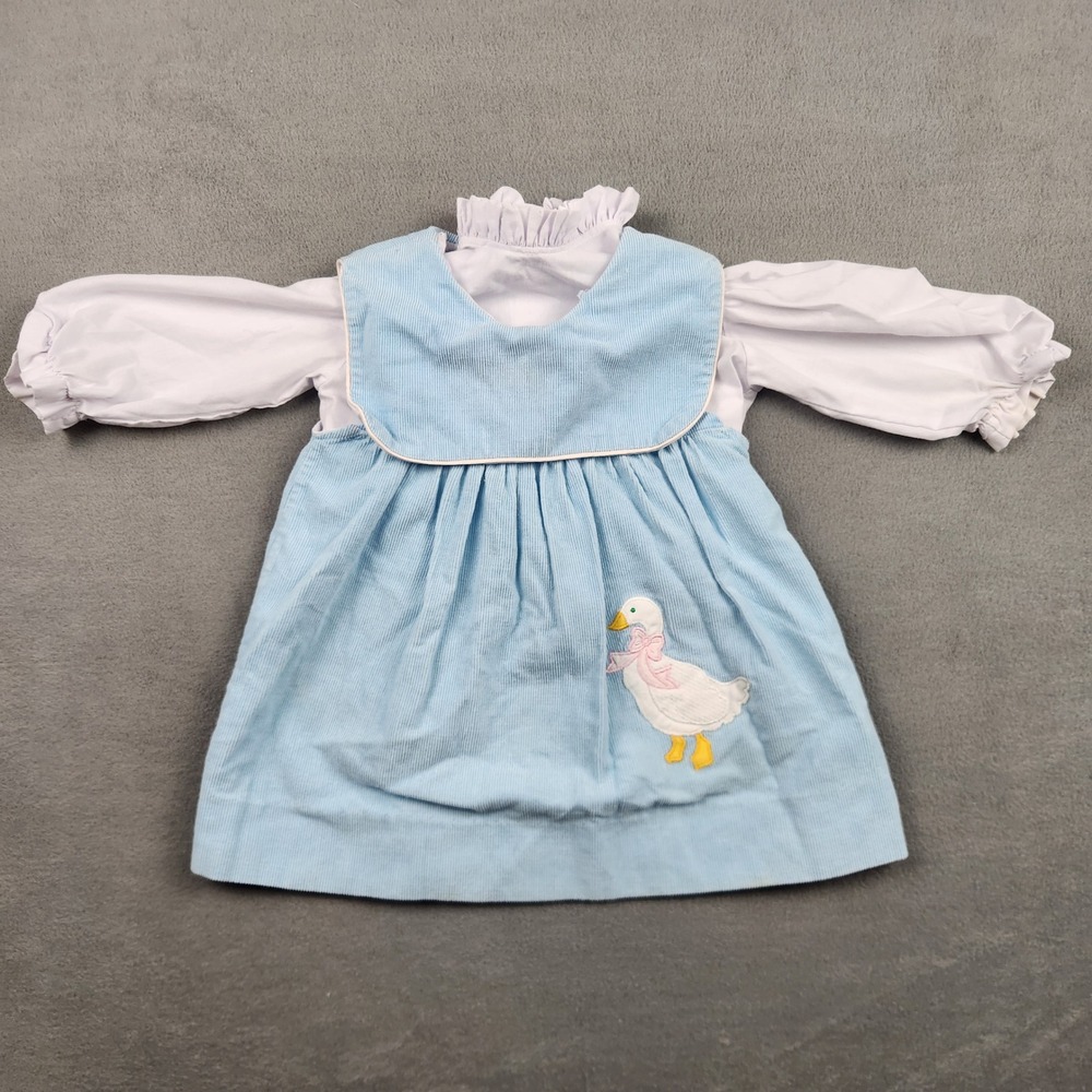 Vintage Baby Pinafore Corduroy Duck Jumper Dress and Ruffle Blouse‎ 2pc Set Kids